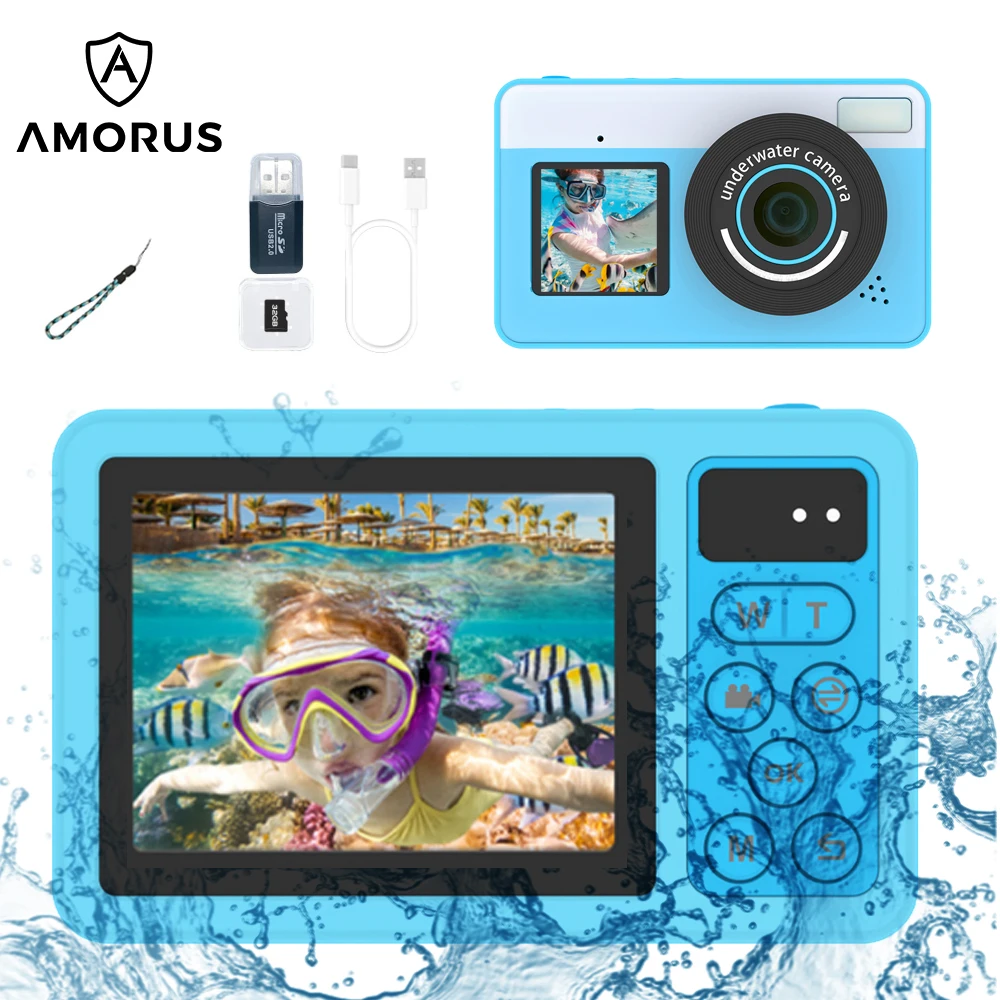 Digital Camera AMORUS Dual Screen Digital Camera IP68 Waterproof Selfie Video Camera for adult Kids Learning Photography Outdoor Travel