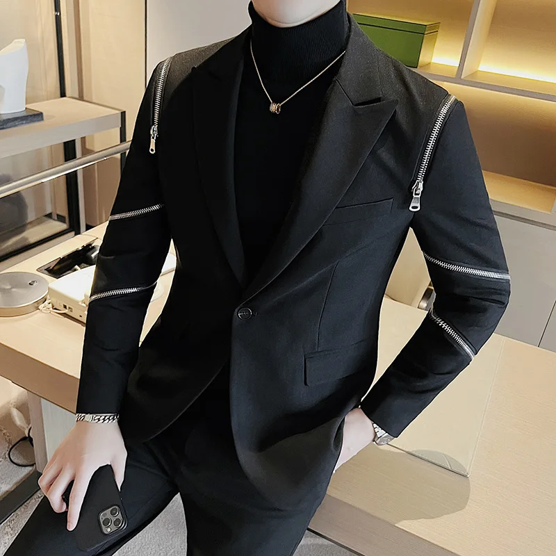 Men Slim Fit Casual Suit Jacket Wedding Business Dress Blazer Banquet Singer Stage Men Clothing Zipper Decoration Tuxedo