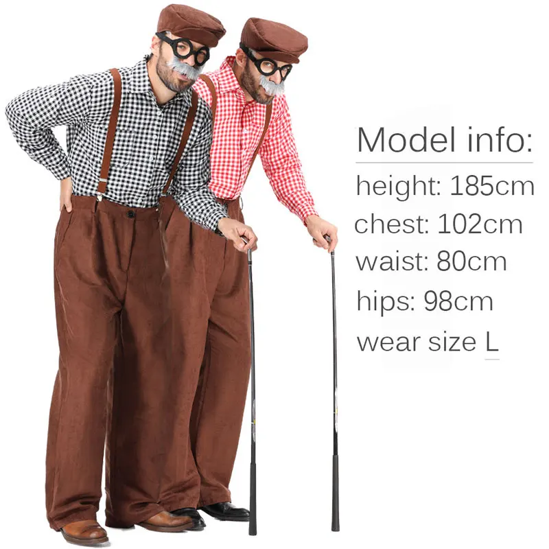 Umorden Adult Men's Grandpa Old Man Costume Simple Set Trousers With Suspenders Red Black Plaid Shirt Hat Mustache Glasses