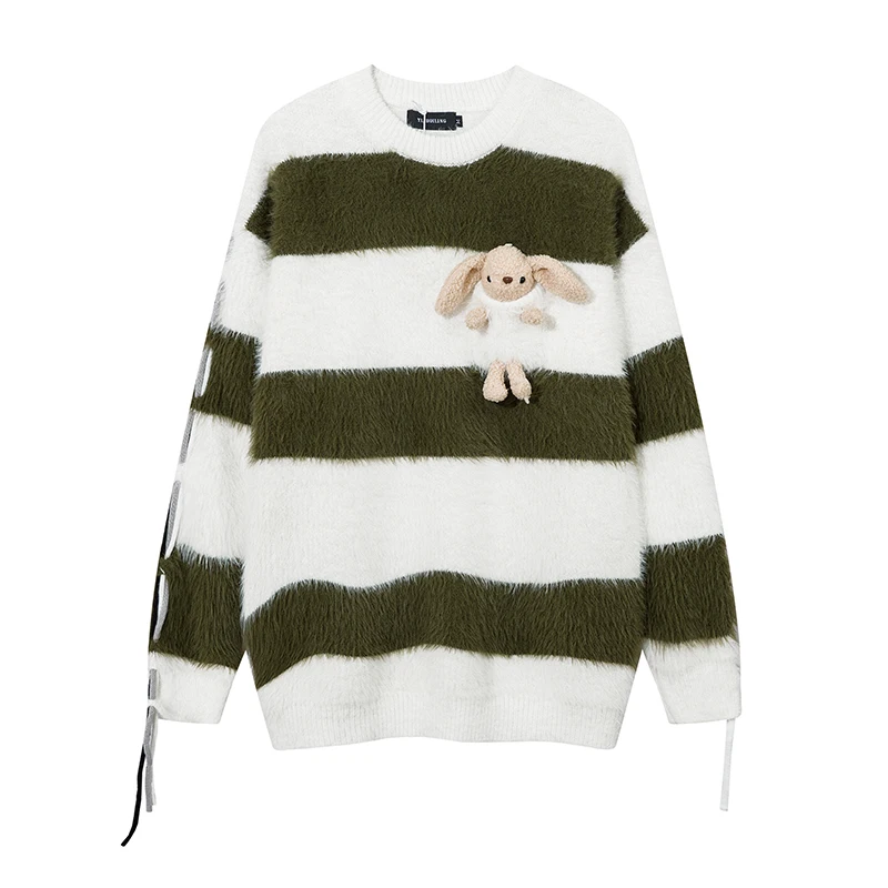 Three-Dimensional Rabbit Plush Knitwear Men's Winter New Ins Loose Retro Striped Couple's Tops Coat Oversized Sweater Clothes