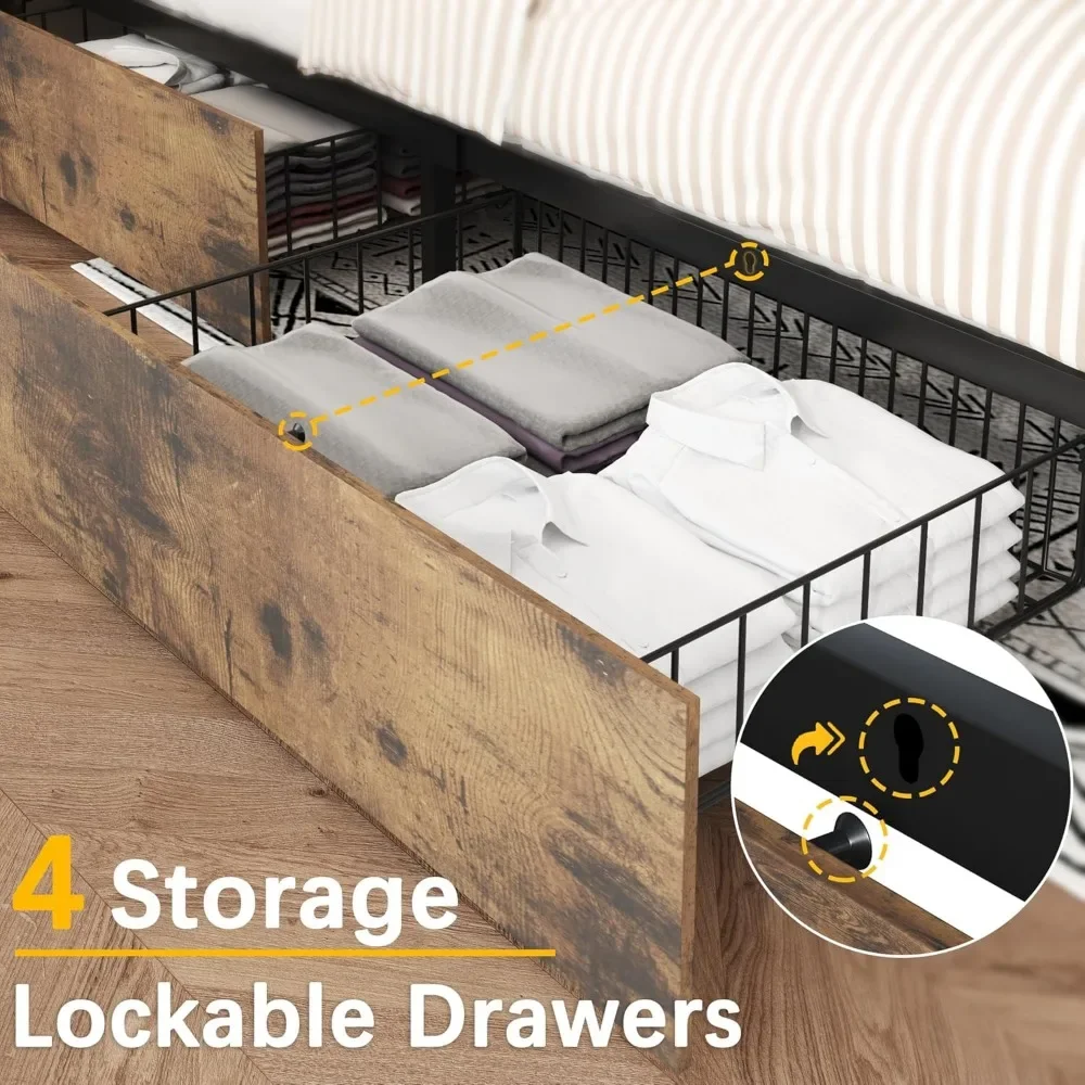 Description Picture 6 of itemQueen Bed Frame with Headboard, Queen Bed Frame with High Storage Bookcase Headboard,4 Storage Drawers & Charging Stati