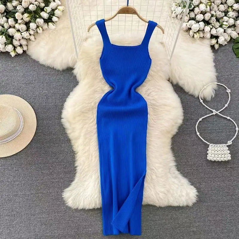 

RDMQ 2023 Sexy Women Dresses Knitting Summer Vintage Korean Fashion Slim Vestidos De Mujer High Waist Backless Robe Femme