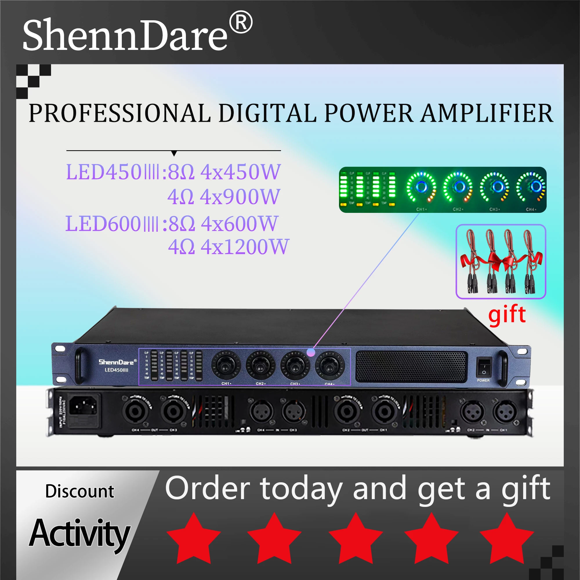 ShennDare 프로페셔널 디지털 파워 앰프 2/4 채널 프리앰프 오디오 DJ 스피커 서브우퍼 앰프 스테이지 퍼포먼스 패밀리 가라오케 1 U 클래스 D 사운드 앰프 