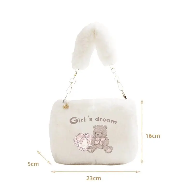 JIAERDI Bear Plush White Shoulder Bags Purse Women Harajuku Aesthetic Chain Handle Y2k Handbag Ladies Sweet Cute Messenger Bag