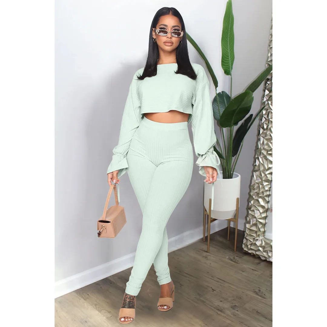 Spring And Autumn Casual Comfortable Solid Color Fancy Ladies Pullover Long Sleeve Sportswear Suit Two-Piece Suit