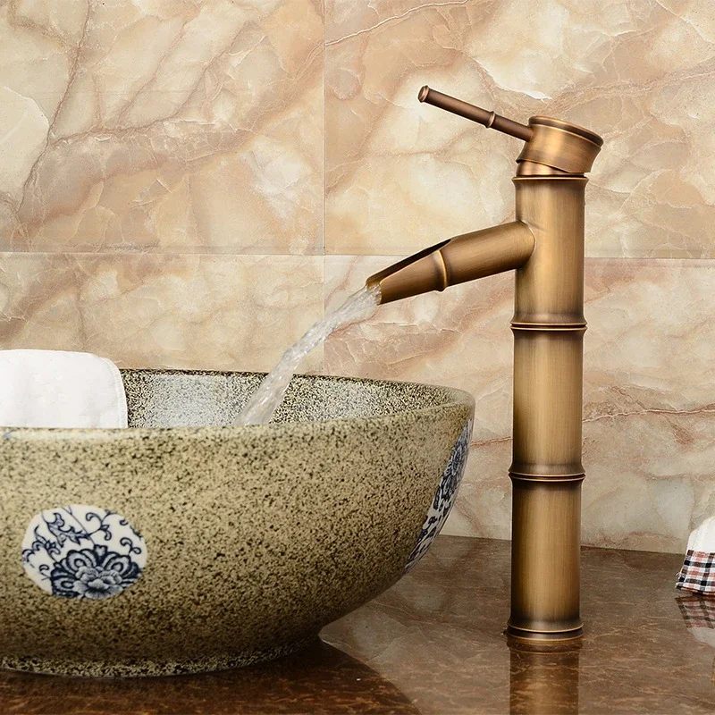 

Antique Brass Waterfall Bathroom Basin Faucet Retro Style Sink Faucet Vessel Tall Bamboo Water Tap Hot and Cold Water Mixer Tap