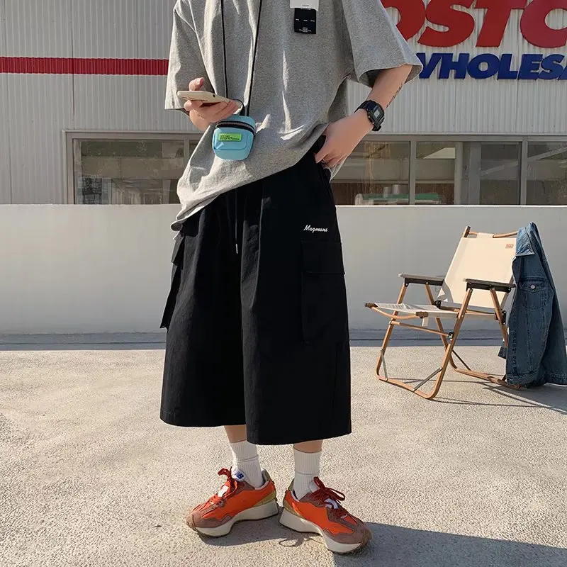 Man Cargo Thin Calf Length Short Pants Coffee Color Streetwear Ins BF Harajuku Loose Straight Pockets Daily Party Holiday Shorts