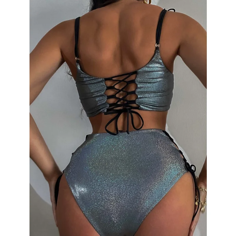 Laser Shiny Silver Pole Dance Clothing Exotic Dance Wear Nightclub Party Bikini Set Rave Outfit for Women Show Sexy Underwear