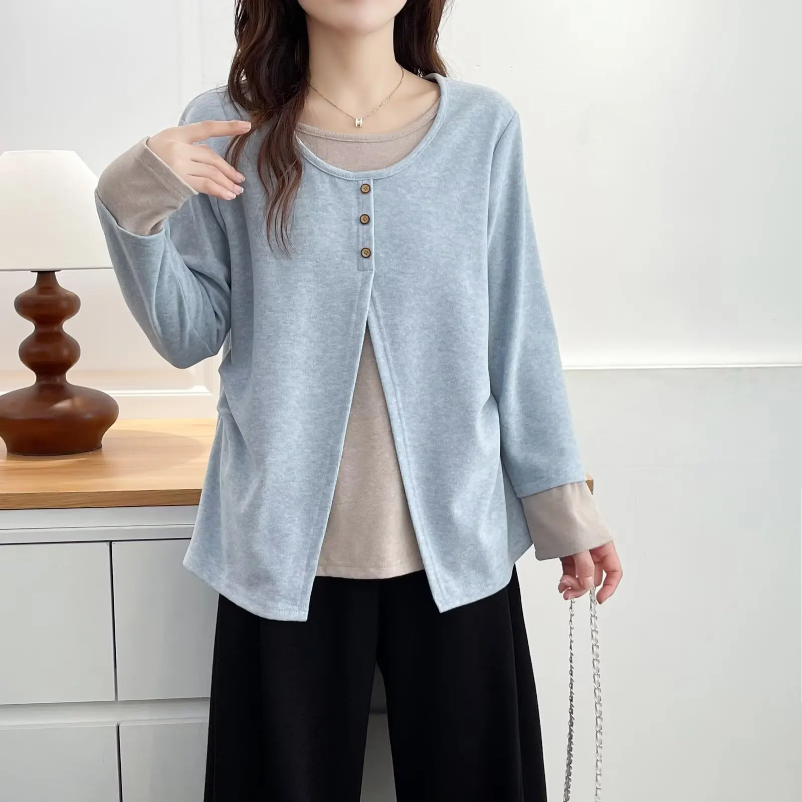 Fashion Plus Size Women's T-Shirt Autumn New Stylish round-neck Long Sleeve Fake Two Pieces Casual Tops 978