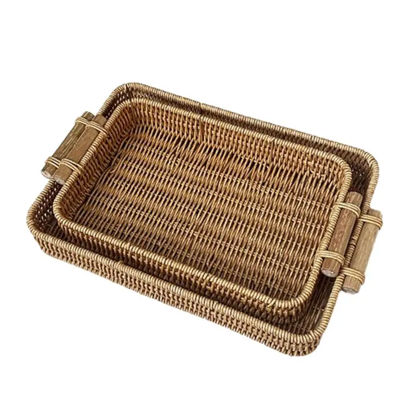 

Rectangle Rattan Tray Handwoven Storage Basket Storage Tray Wicker Basket Bread Fruit Breakfast Tea Picnic Basket Kitchen