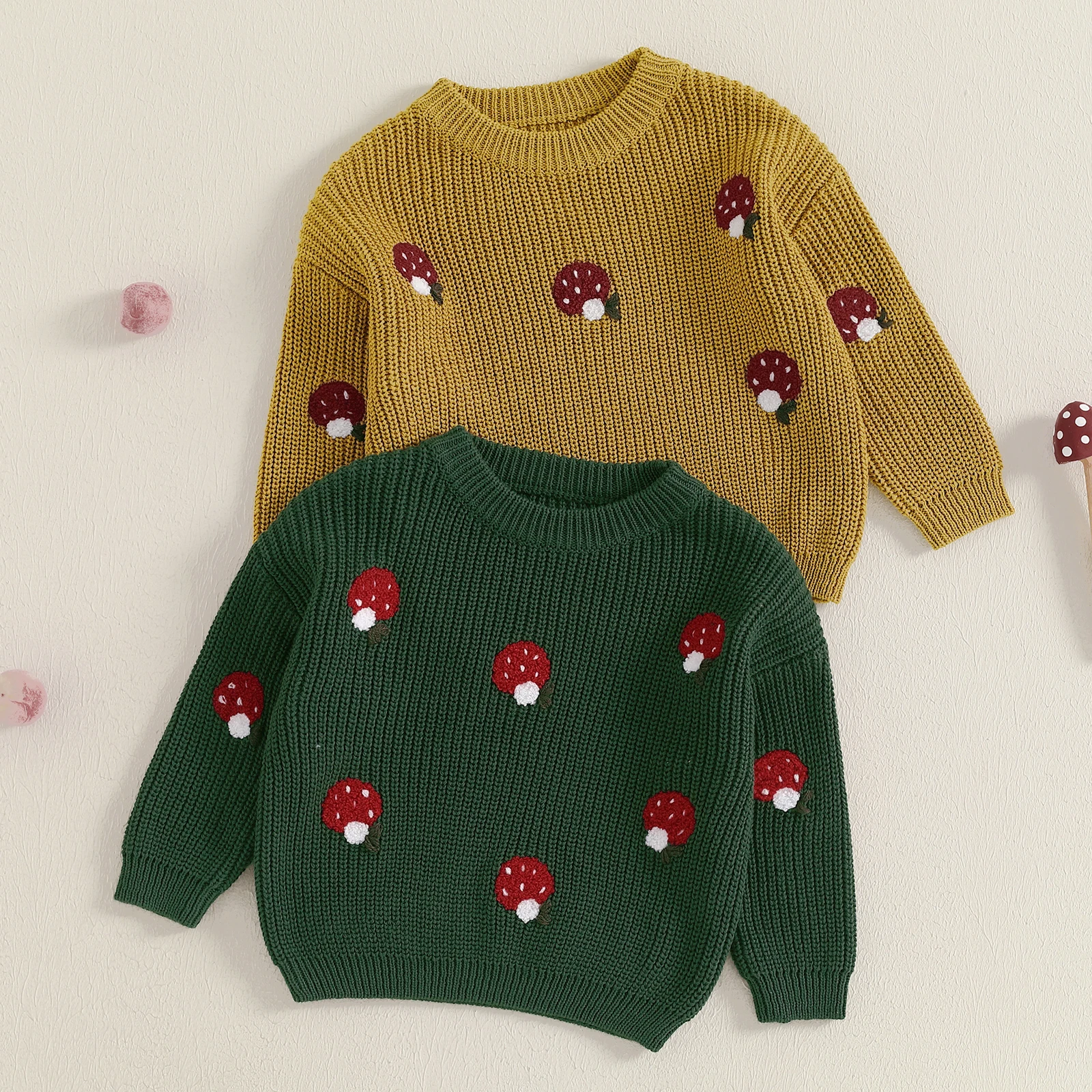 Newborn Girl Boy Winter Sweaters Casual Mushroom Embroidery Warm Knitted Long Sleeves Pullover Infant Knitwear for Toddler