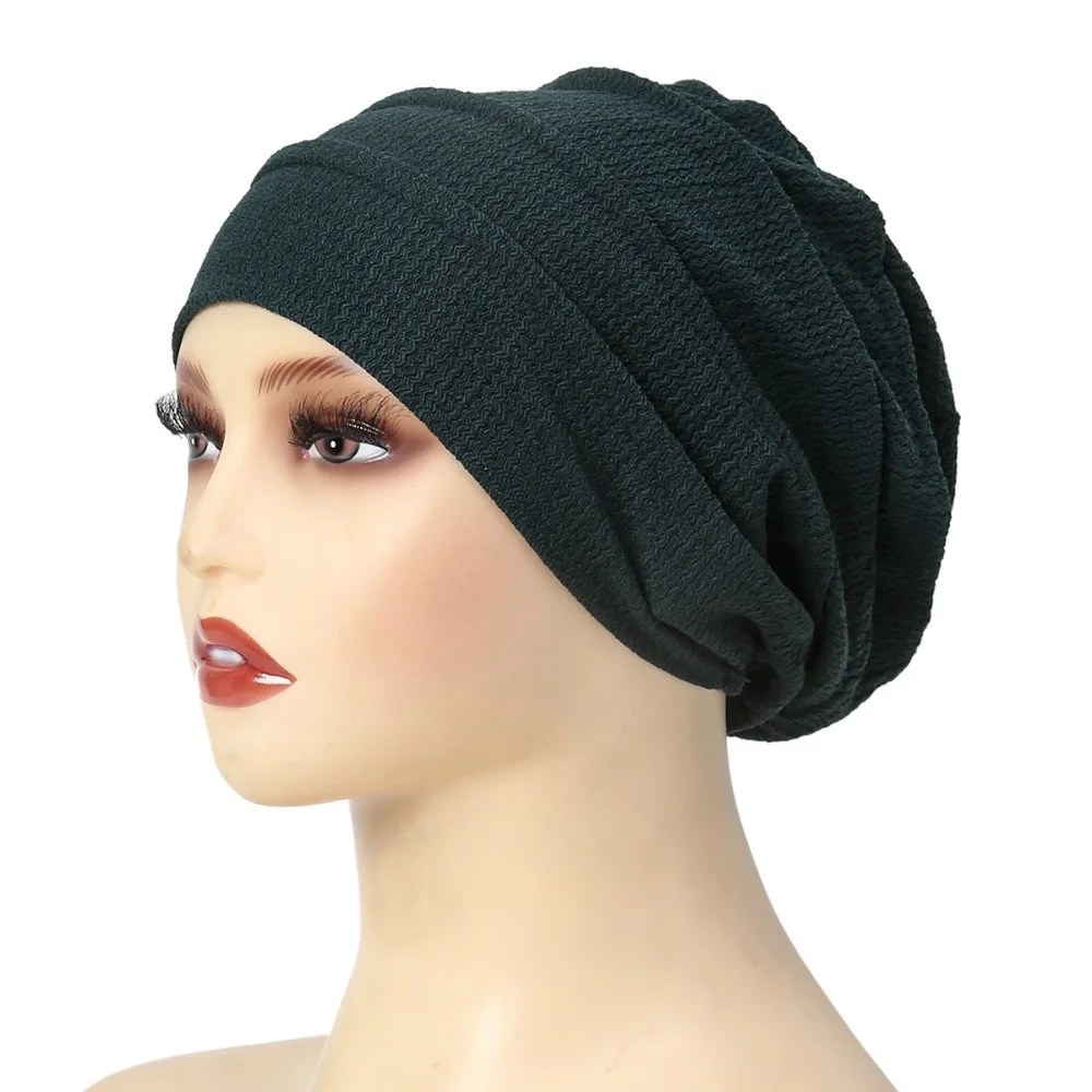 Trendy Einfarbig Frauen Crinkle Hijab Turban Elastische Weiche Chemotherapie Kappe Polyester Baggy Beanies Motorhaube – Detail 5