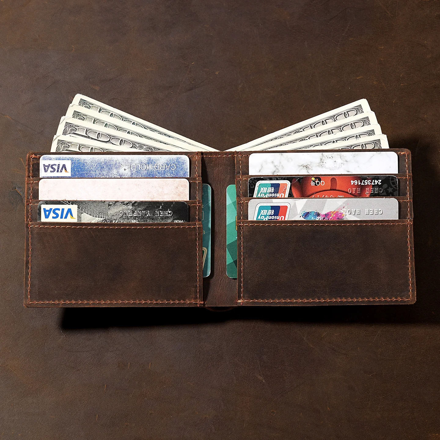 ארנק גברים אופקי בסגנון וינטאג' מעור פרה עליון עם קליפס לכסף ומחזיק כרטיסי דולר בארה"ב