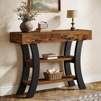 Tribesigns 41" Small Console Table for Entryway, 3-Tier Rustic Sofa Table with Storage Shelves and Curved Frame for Living Room