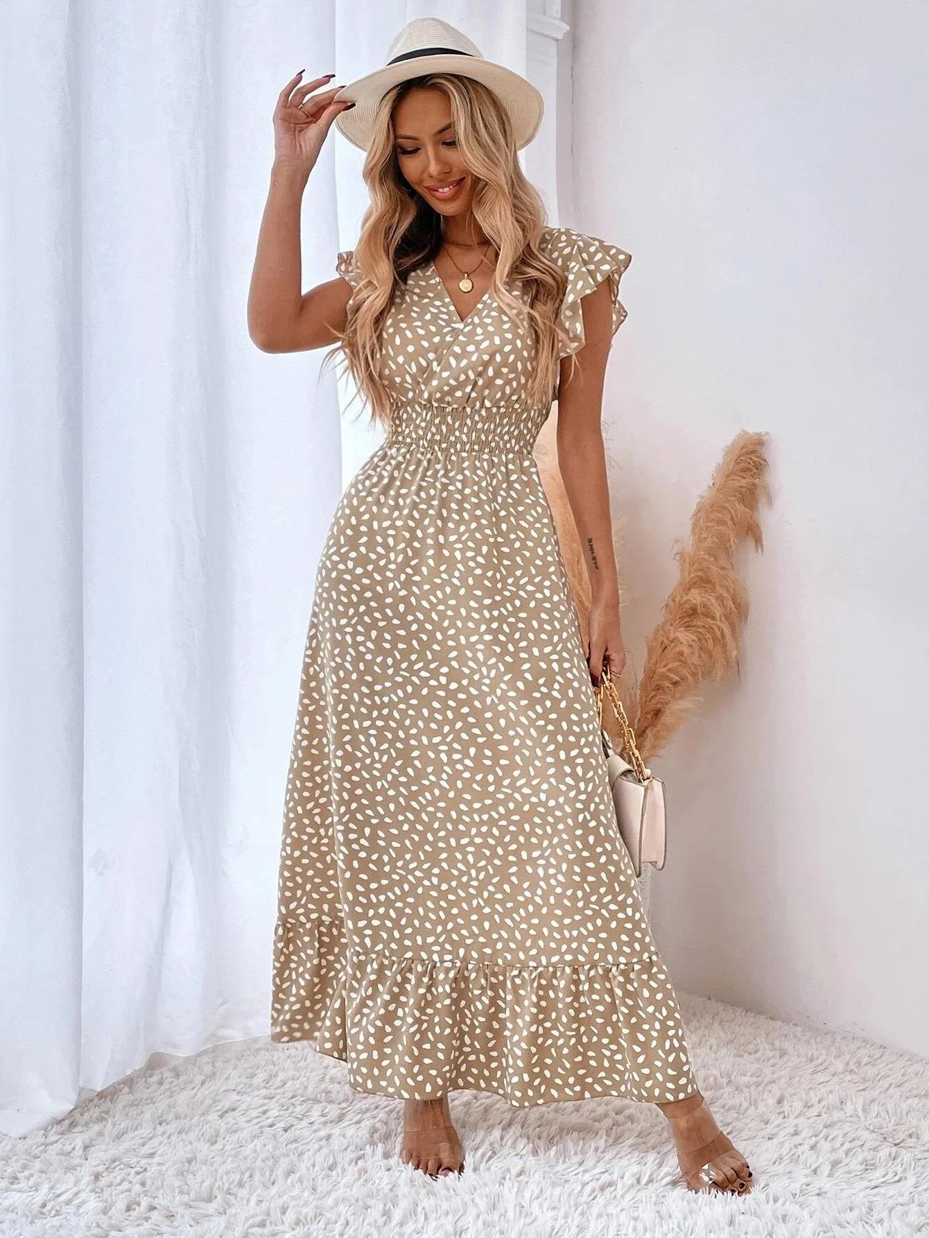 

Tobinoone2022 women's spring and summer new V-neck waist length skirt Ruffle Dress