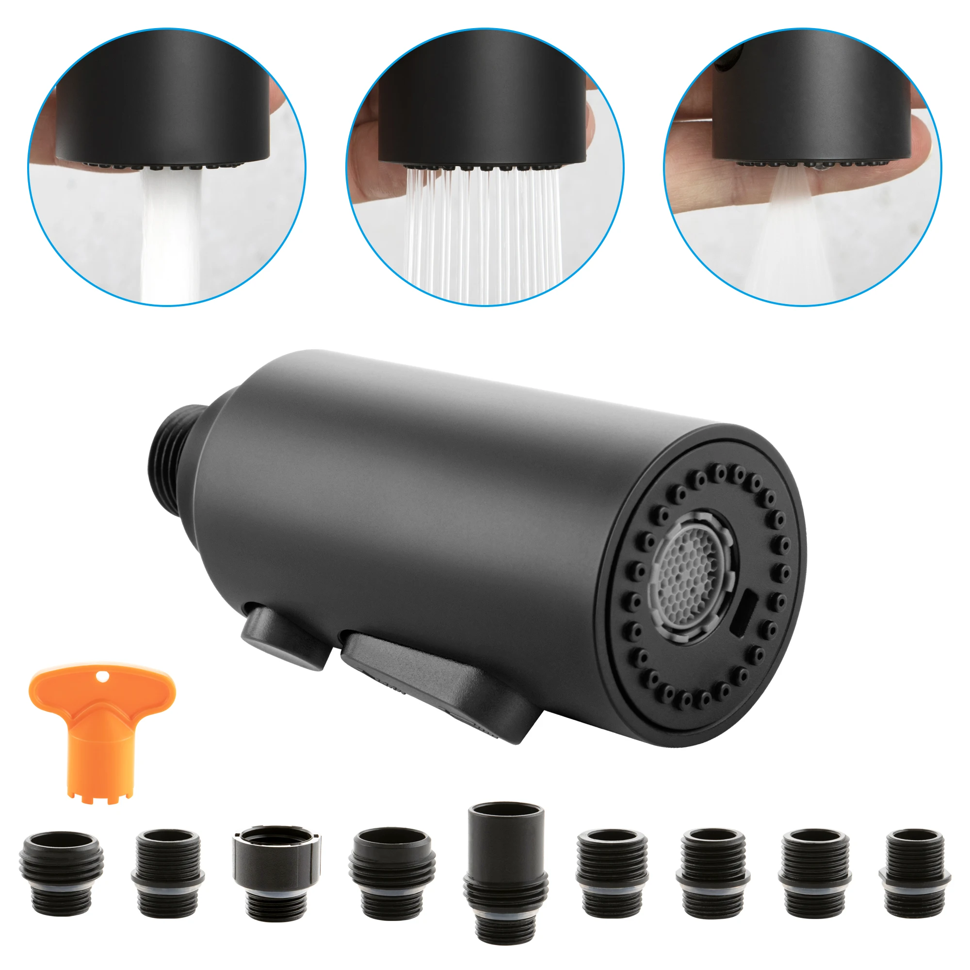 Skowll-bico de Pulverização de Pia de Cozinha Pull Down Faucet Head Substituição Adaptadores Preto Fosco Funções