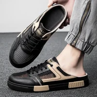 Men's Half Slippers Mesh Perforated Platform Shoes Odor Proof and Rubber Soled Shoes Oversized Black Sleeve One Foot Lazy Shoes 1