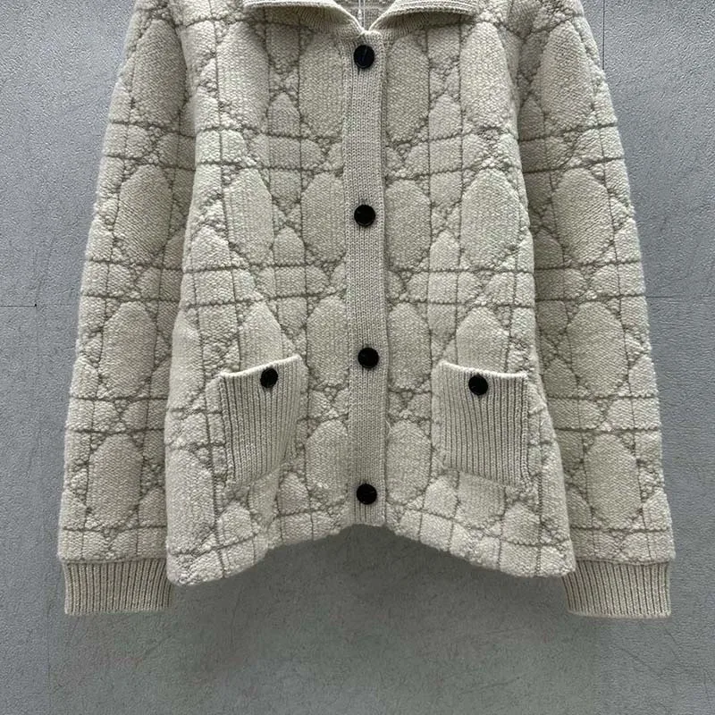 

Women Solid Wool Knitted Cardigan Coat Fashion Runway Single Breasted Lapel Vine Plaid Jacket Ladies Simple Beige Clothing New