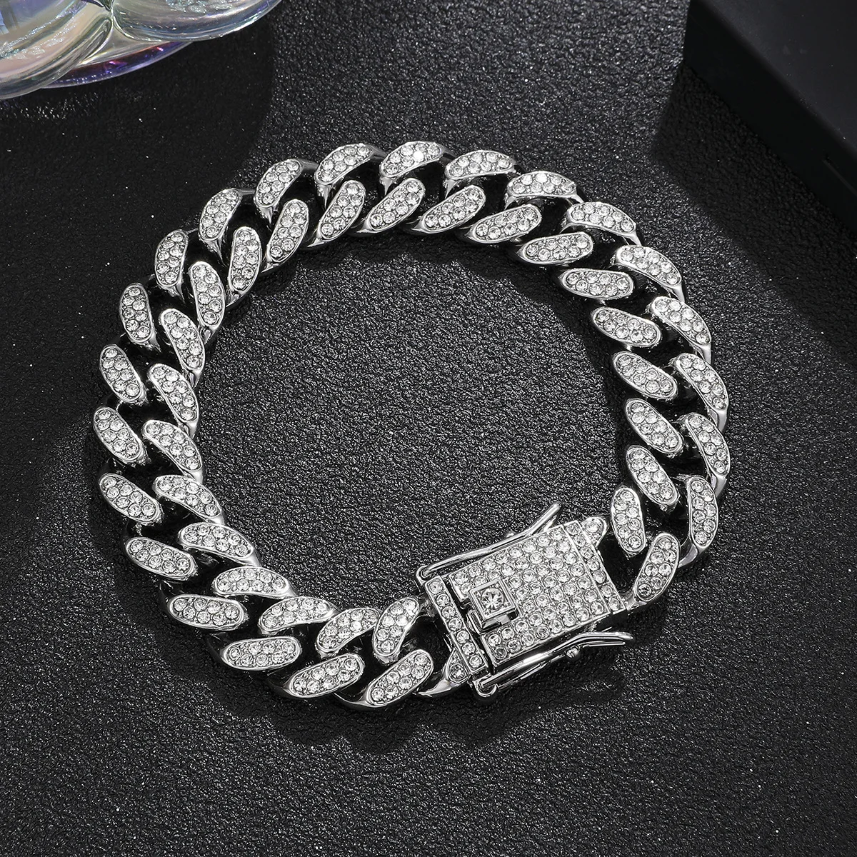 Full Crystal Stone Cuban Chain Hip Hop Bracelet For Men Silver Color Metal Link Chain Rhinestone Luck Closure Mens Bracelet - Image 5