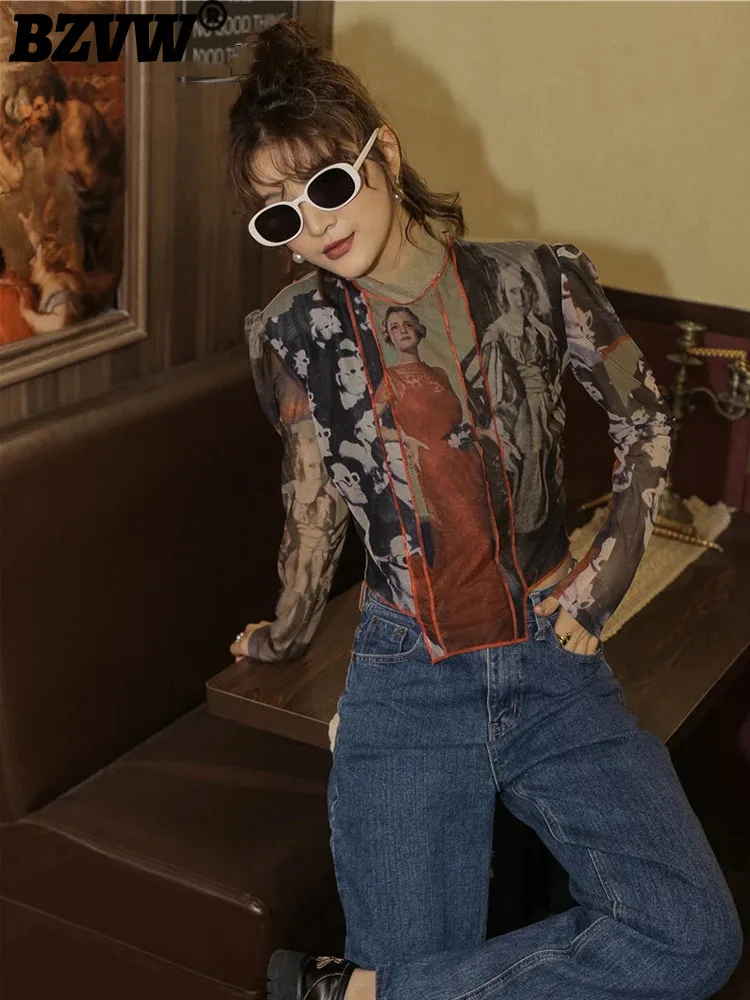 

BZVW винтажный сетчатый топ, женская модная блузка с длинным рукавом, Асимметричный топ и блузки, Лоскутная водолазка с высоким воротником, Топ 25X4514