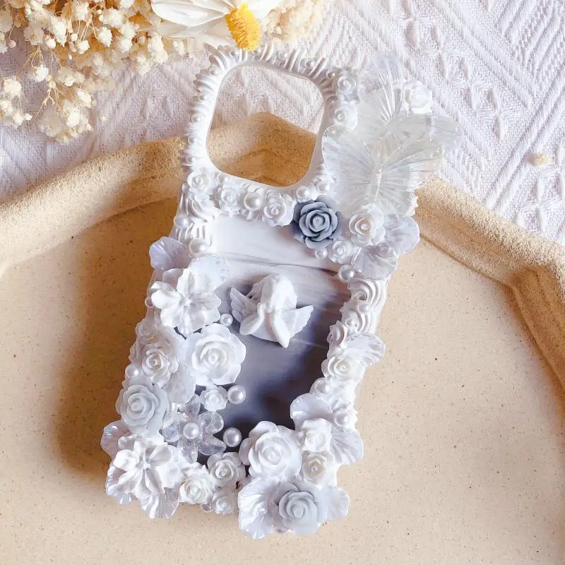 

Baroque Angel Handmade Case for iPhone 13 mini DIY Phone Cover 11 12 13 pro max Bling Peral white rose cream shell 6 7 8 XS MAX