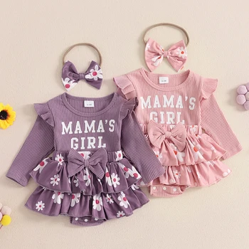 0-18months Baby Girl Outfit Long Sleeve Letters Flower Print Romper Dress Bowknot Headband Infant girls Clothes set 1