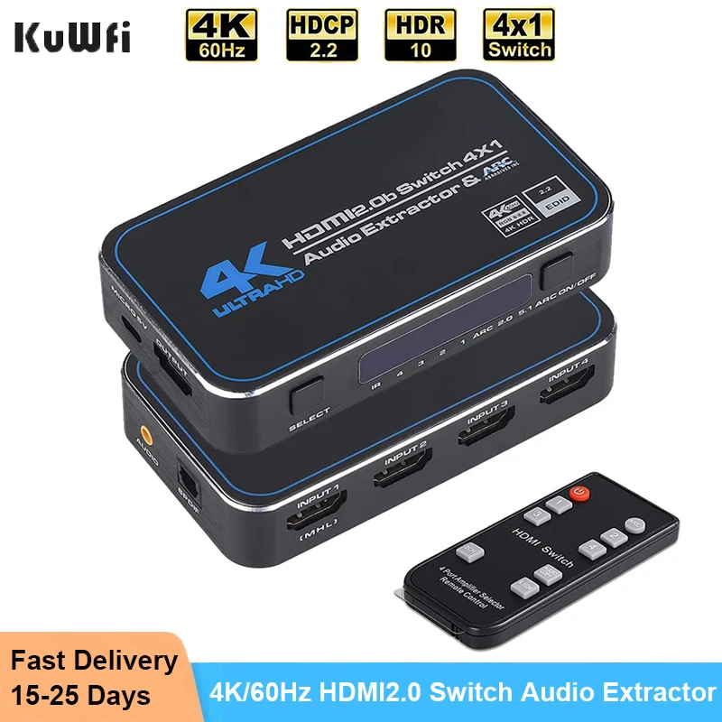 

4K60Hz 4 Ports HD-MI 2.0b Switch Switcher Box 4 in 1 Out with Optical 3.5mm Stereo Audio Out Remote Audio Extractor ARC HDCP 2.2