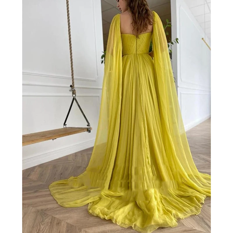 black ball gown 2022 Elegant Citrine Yellow Silk Chiffon Prom Dresses With Long Cape A Line Sweetheart Pleats a leg slit Evening Gowns plus size gowns