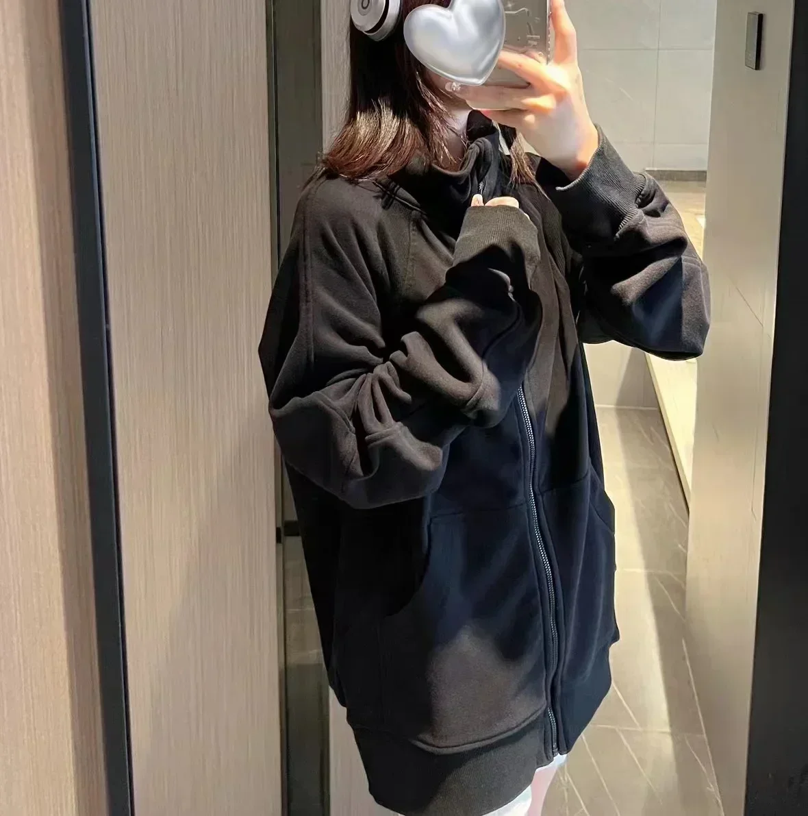 Women Embroidered Scuba Oversized Half-Zip Hoodie Warmth Running Jacket Without Fleece Sport Casual Waist Length Sweatshirt