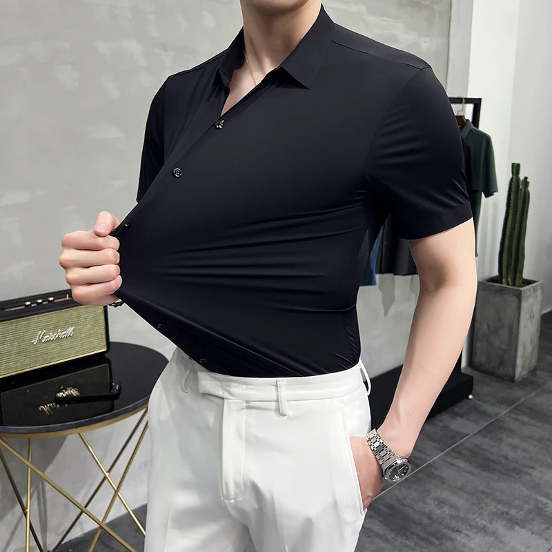 

Plus Size 4XL-M High Elastic Short Sleeve Business Casual Shirts For Men Clothing 2023 Slim Fit Formal Wear Camisas De Hombre