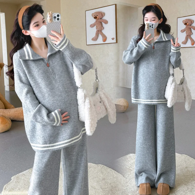 출산복 가을 겨울 심플하고 다재다능한 캐주얼 루즈 라펠 지퍼 스트라이프 스웨터와 와이드 레그 팬츠 투피스 세트
