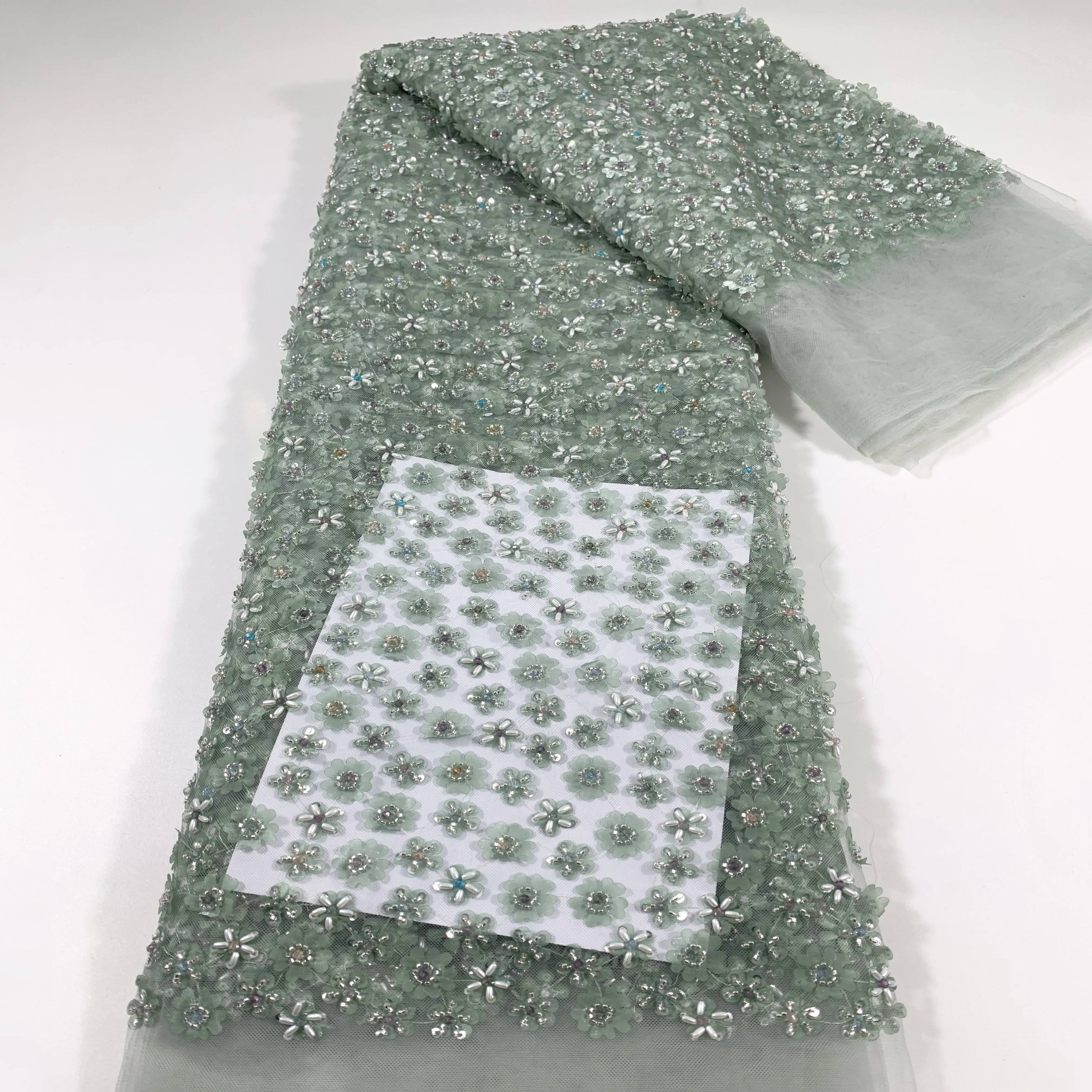 

Hot Sale Light Blue Nigerian Handmade Beads Lace Fabric French Mesh Tulle Sequins Beaded Embroidery African Lace Sewing Material