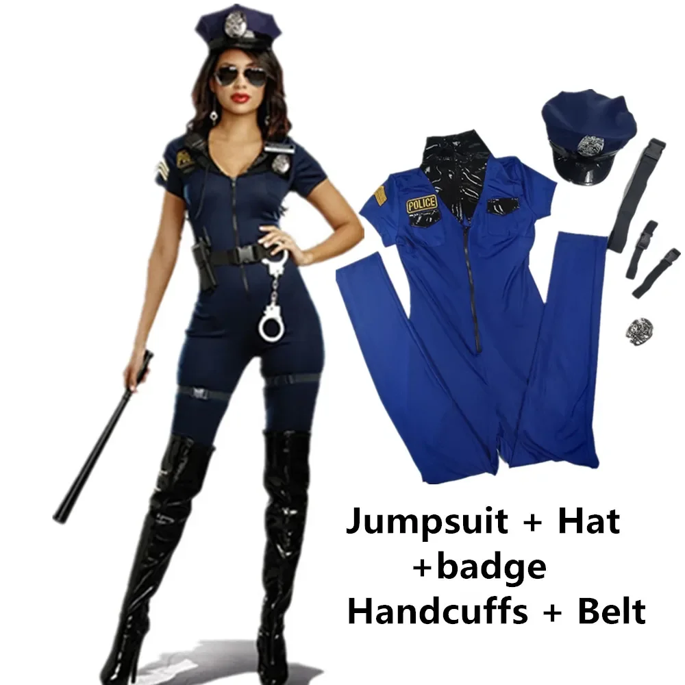 Sexy Female Cop Police Officer Costume Fancy Dress Policewoman Uniform Halloween Adult Women Police Cosplay Jumpsuit$ # % # ^@