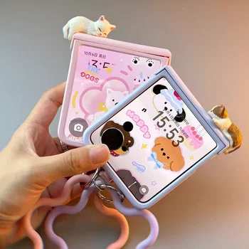 Korea Cute 3D Kitten Case Flower Strap Girl Case For Samsung Z Flip 7/6/5/4/3 For Motorola Razr 40 50 60 Ultra Xiaomi Mix Flip 1