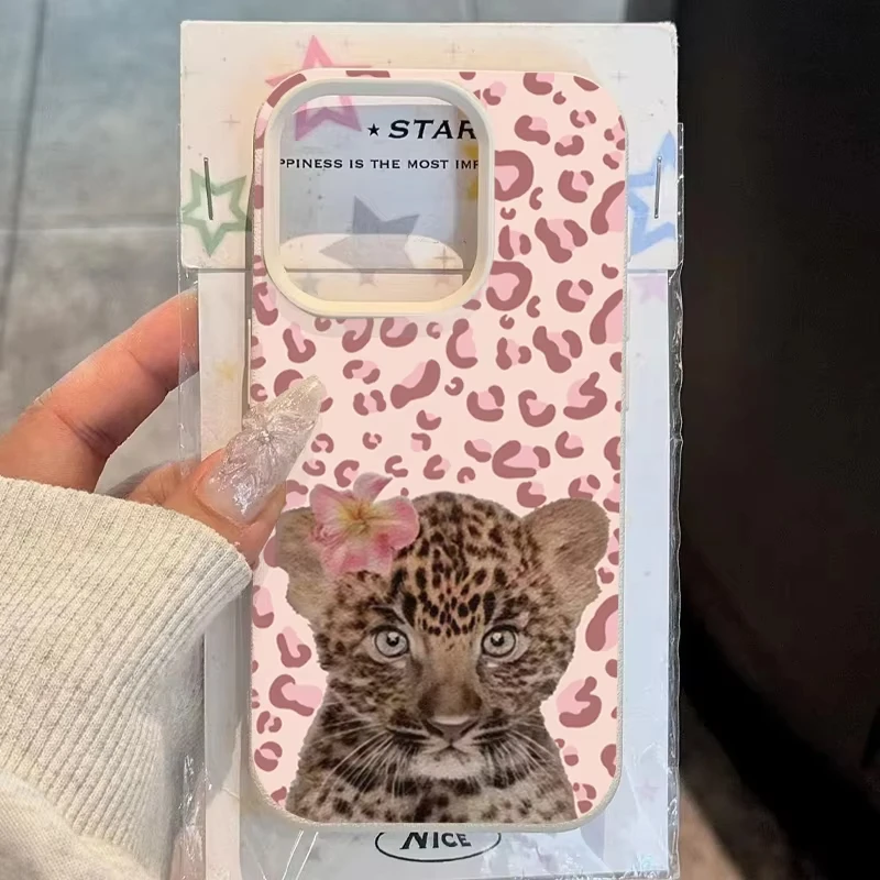 Pink Leopard Print Shockproof Phone Case with Cub Pattern