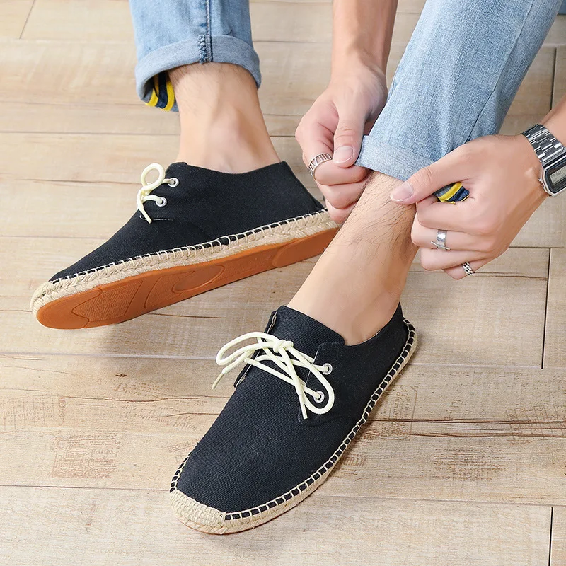 

Summer Retro Casual Shoes Men's Solid Color Linen Canvas Lace-up Flats Breathable Comfortable Walking Footwear Zapatillas Hombre