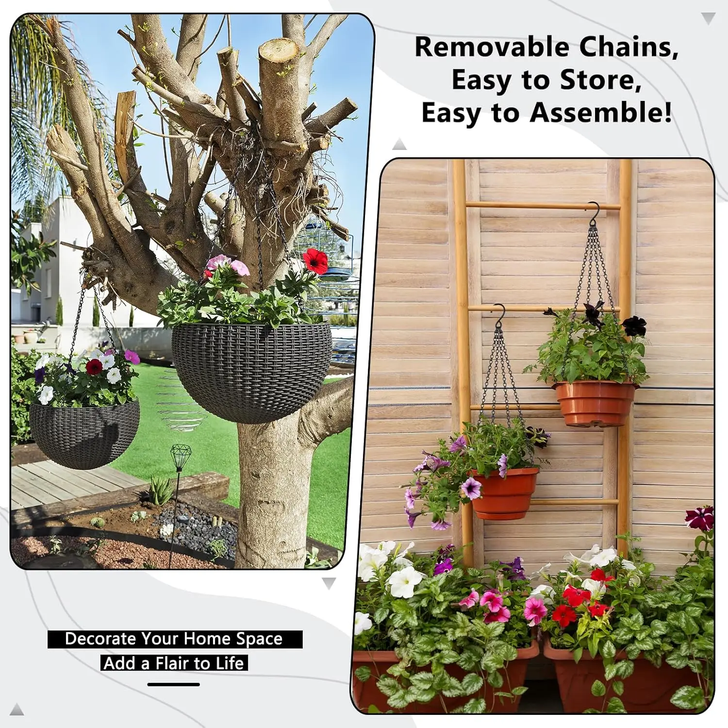 Flower Pot 40cm Imitation Rattan Hanging Basket Flower Pot Chain 3 Hooks Basin Hydroponic Plants Plant Grow Basin Home Garden Decor