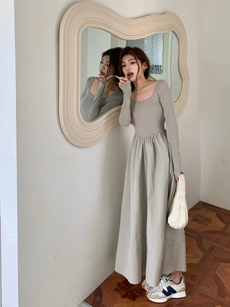 Casual Knitted Midi Dresses for Women Solid Long Sleeves Square Collar A-line Autumn New Elegant Dress Female Slim Vestidos