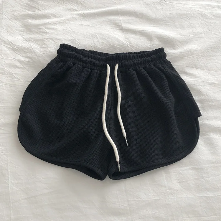 spandex shorts Summer Women Sports Shorts Elastic Drawstring High Waist Cotton Waffle A-line Wide Leg Shorts Solid Women Home Casual Shorts women's swim shorts