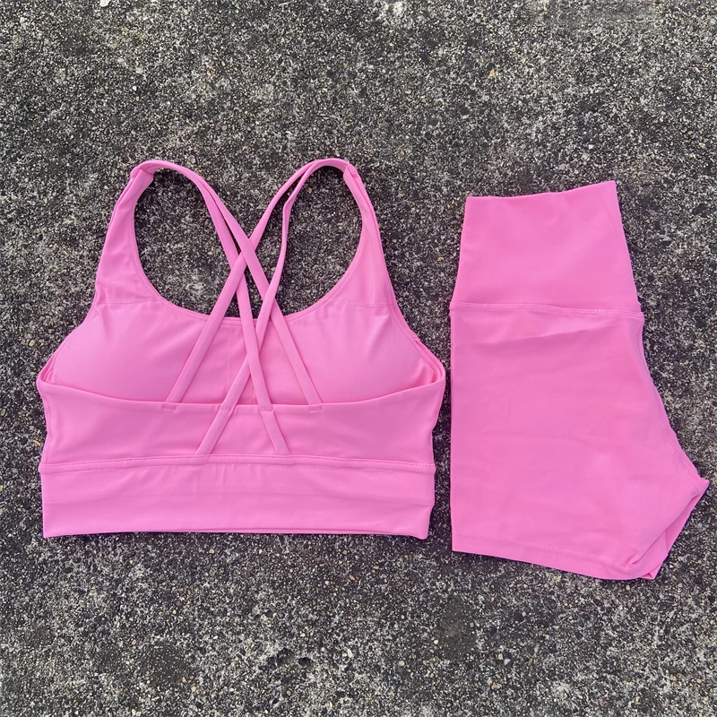 Women's 2-Piece Yoga and Fitness Outfit - Cross Straps Bra & High Waist Shorts