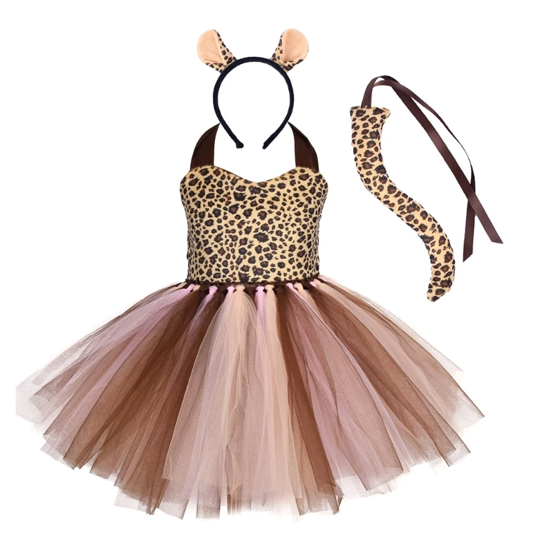 

Leopard Ears Hairhoop Lace Up Tail Dress Set Animal Cosplay Party Accessory