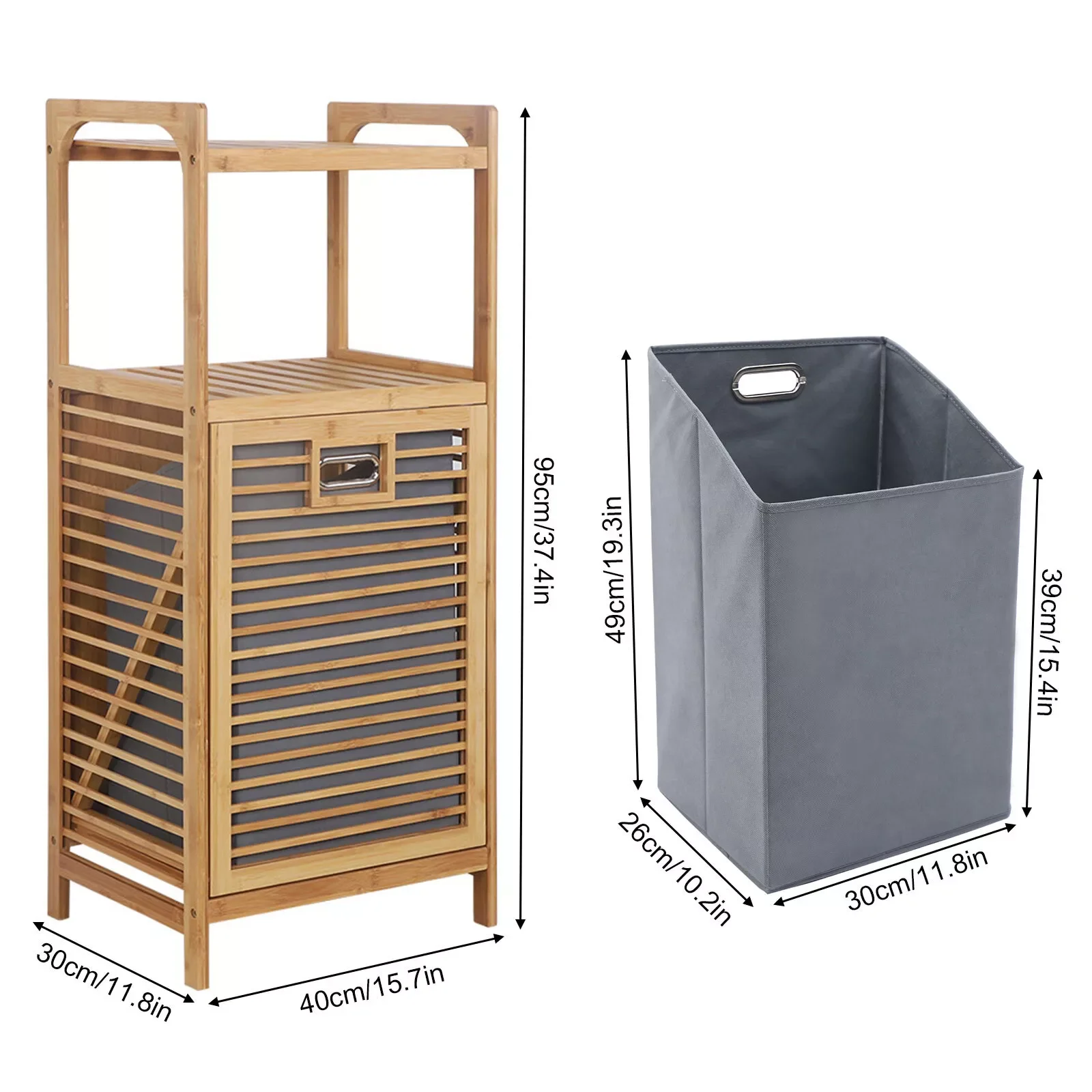 Fabric Bamboo Bathroom Laundry Hamper Cabinet Tilt Out Basket Storage W/2-Tier Shelf 3