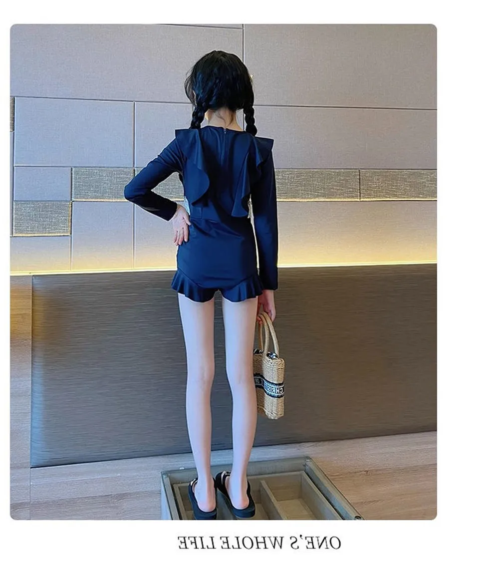 Girls' jumpsuit summer 2024 new mid to large children's stylish swimsuit women's summer girl long sleeved children's swimsuit