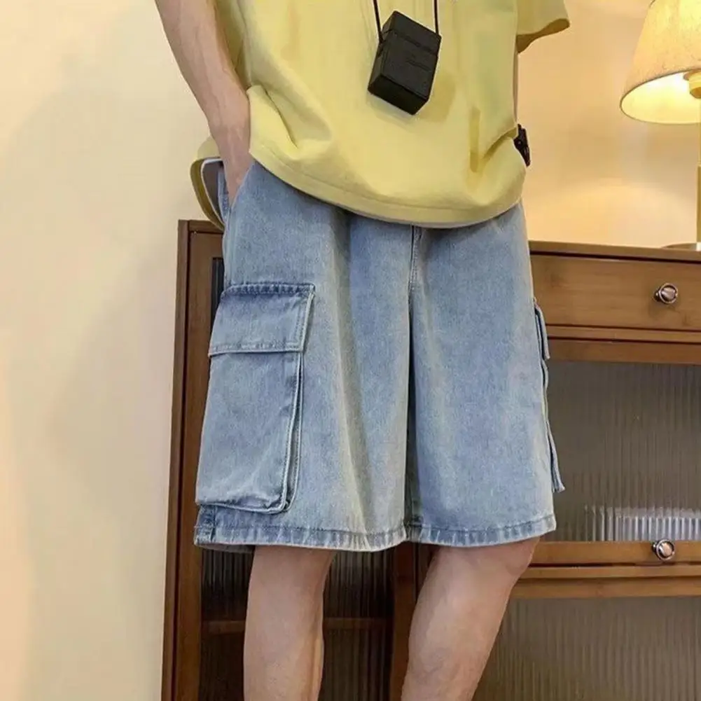 

Men Shorts Breathable Straight Cargo Shorts with Crotch Multi Pockets Elastic Waist for Men Loose Fit Knee Length Breathable Men