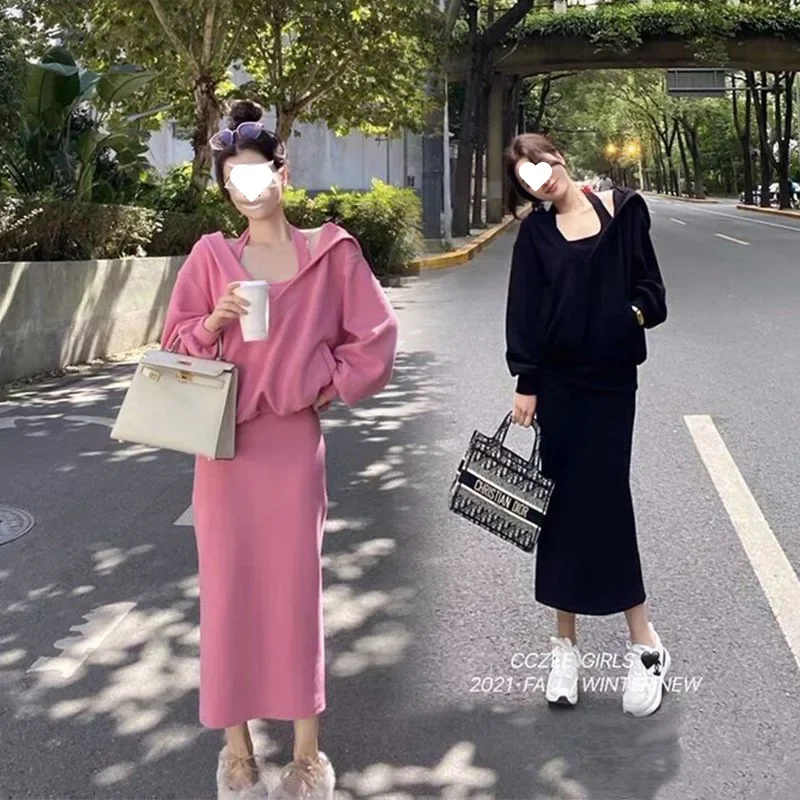 임산부용 맨투맨 홀터 넥 원피스 2 피스 세트, 몸집이 작은 출산 세트, 가을 컬렉션, 2024 새로운 스타일