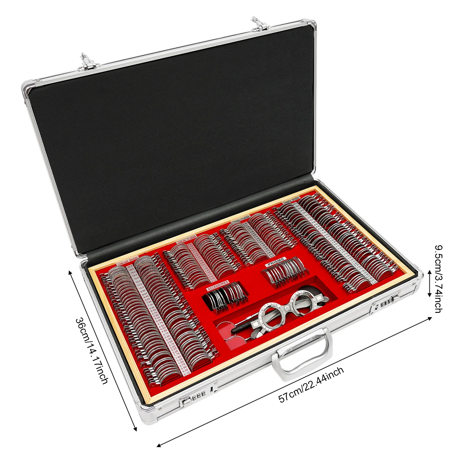 Metall-Optometrie-Probelinsenset mit 266 Linsen und Etui, für Myopie, Hyperopie, Astigmatismus, Presbyopie-Test, für Augenuntersuchungsgeräte – Detail 3