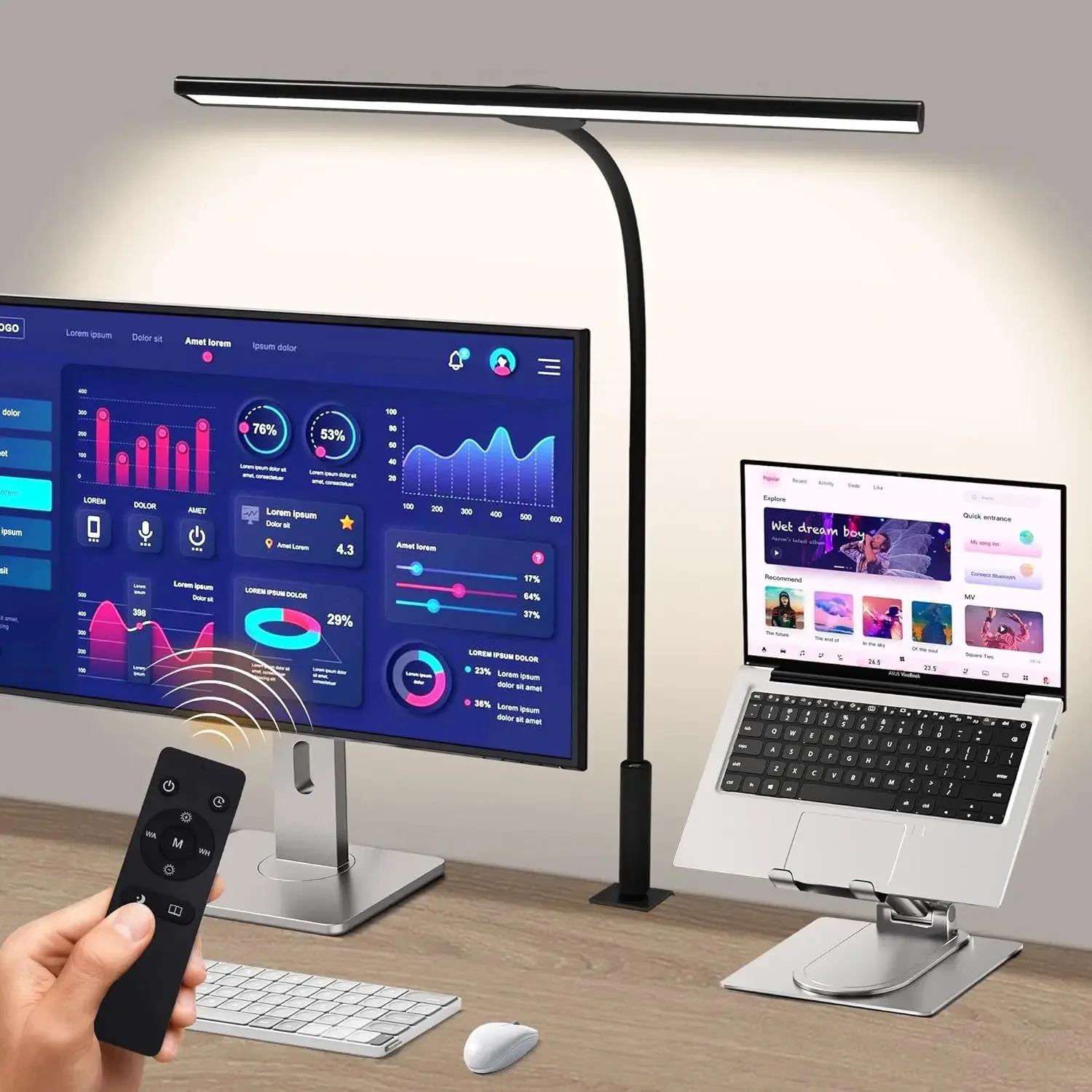 조절식 구즈넥 무선 리모컨 LED 책상 램프, 무단 조광 클램프, 아이 케어 데스크 라이트