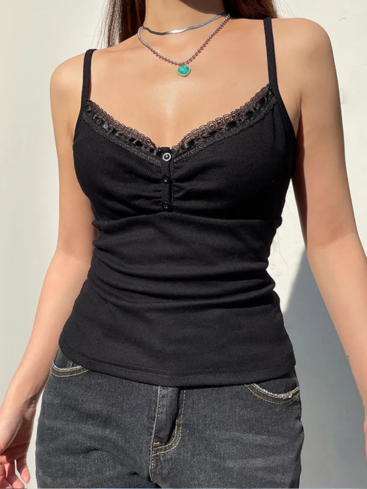 Sexy Falten Knöpfe ärmellose Crop Top schwarz Vintage Y2k Korsett Tops lässig Basic T-Shirt