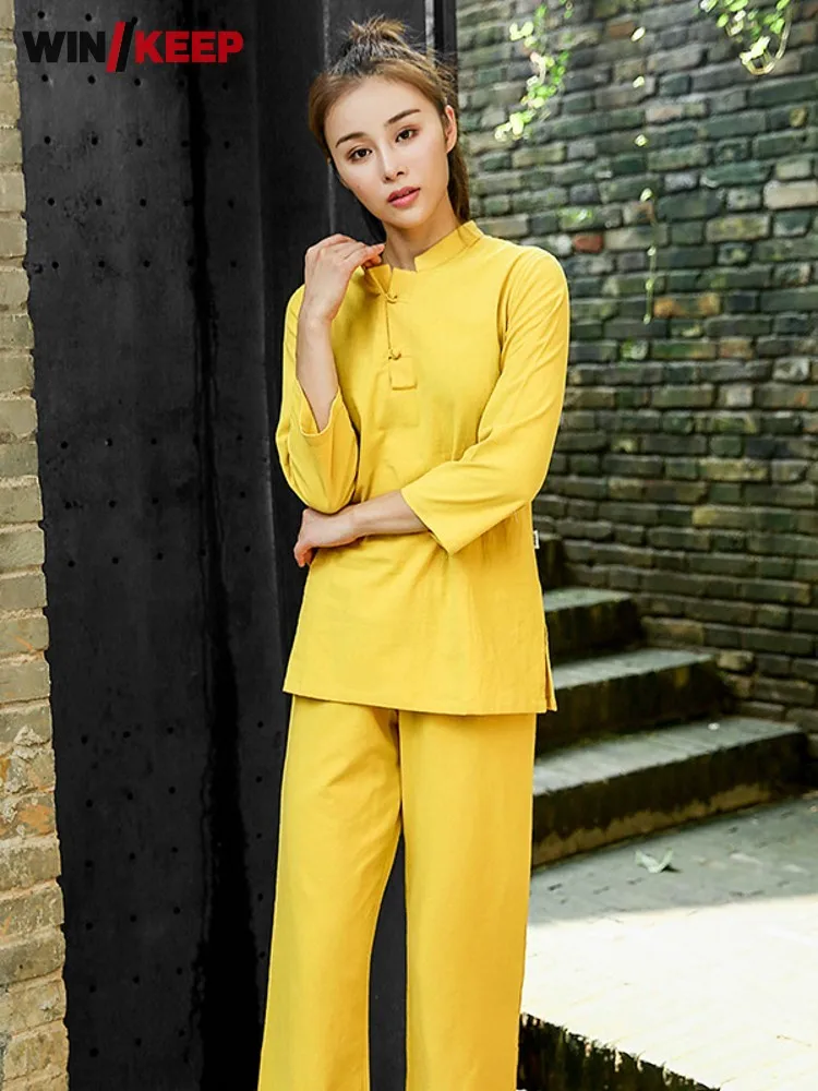 

Women Outdoor Fitness Sport Set Cotton Linen Wushu Tracksuit Two Piece Martial Arts Kung Fu Training Suit Meditation Tai Chi Set