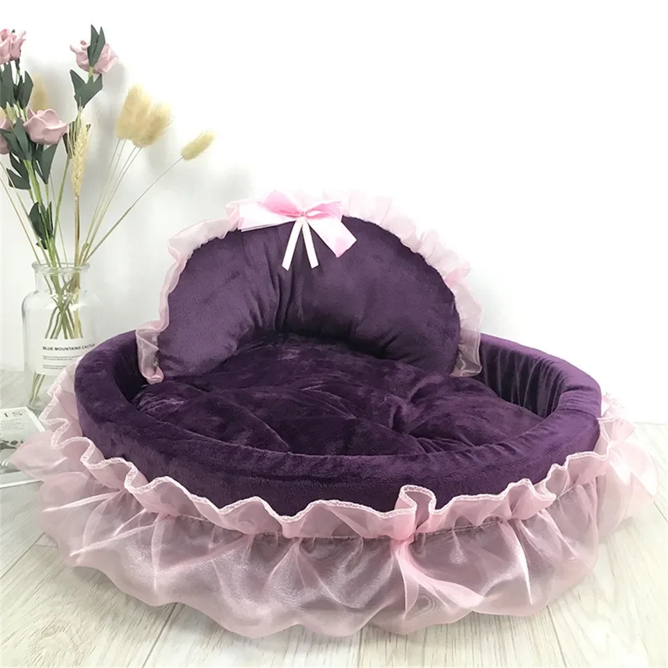 3438-782bc9.jpg Hanpanda Fantasy Bow Lace Dog Bed Beds For Large Dogs Detachable Oval Pink Princess Pet Bed Basket For Dog Pet Wedding Furniture
